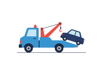 Blue tow truck hauling dark blue car, suitable for towing services advertising, transportation industry promotions, car repair businesses.
