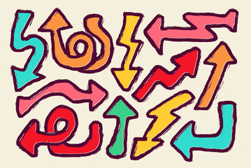 Set of hand-drawn colorful arrow elements and grunge brushes. Doodle concept and sketch-style illustration. Signs isolated on white background. Vector illustration