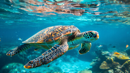 Fototapeta premium Sea turtle swims in sea water. Big green sea turtle closeup. Wildlife of tropical coral reef. Tortoise undersea. Tropic seashore ecosystem. Big turtle in blue water. Aquatic animal underwater photo