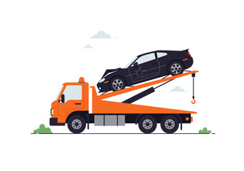 Bright orange tow truck hauling a wrecked car. Ideal for automotive, towing, vehicle, accident, and transportationrelated designs.