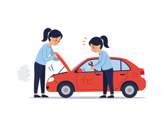 Two women fixing red car with tools, teamwork concept. Suitable for automotive blog, repair shop advertisement, or teaching resources.