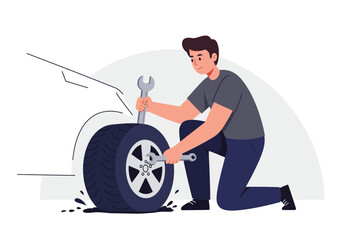 Man changes flat tire with tools. Suitable for automotive, repair, maintenance, diy, car trouble concept in stock imagery.