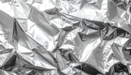 Shiny crumpled metallic foil texture background features detailed reflective surface, light highlights, and abstract wrinkled patterns for creative or industrial design needs.