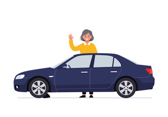 Portrait of an older woman smiling and waving beside a dark blue car. Perfect for showcasing senior lifestyle, travel, and automotive concepts.