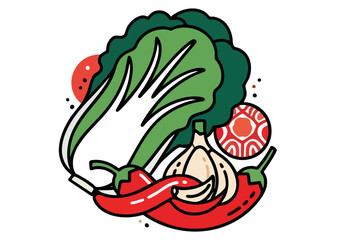 Vibrant logo featuring kimchi, chili peppers, and garlic. Bold, stylized illustration with a modern, playful aesthetic. Perfect for food, Korean culture, or brand identity projects.