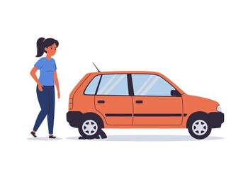 Woman standing next to her orange car with a flat tire. Suitable for automotive or insurance concepts.
