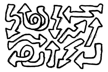 Set of hand-drawn grunge-style arrow shapes and direction symbols. Black and white graphic element design suitable for various creative projects. Vector illustration