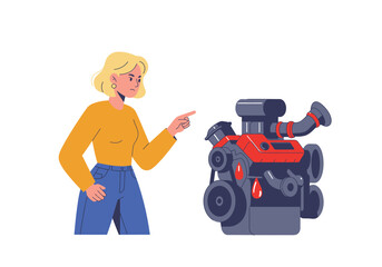 Woman pointing at a gray and red car engine illustration, suitable for automotive blogs, mechanics manuals, and car repair websites.