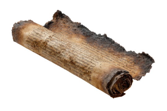 Charred scroll unfurled, showing aged, brittle script