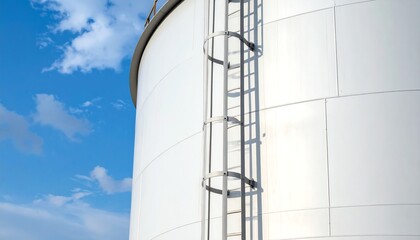Industrial white storage tank structure with vertical metal ladder under clear blue sky and scattered clouds, highlighting modern facility and safety features.