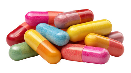 A close up shot of a pile of colorful capsules in various colors on a black background studio shot