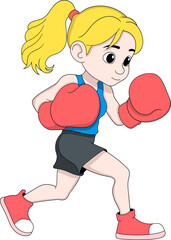 Vector cartoon of a determined female boxer training hard before a competition, symbolizing strength, discipline, and motivation