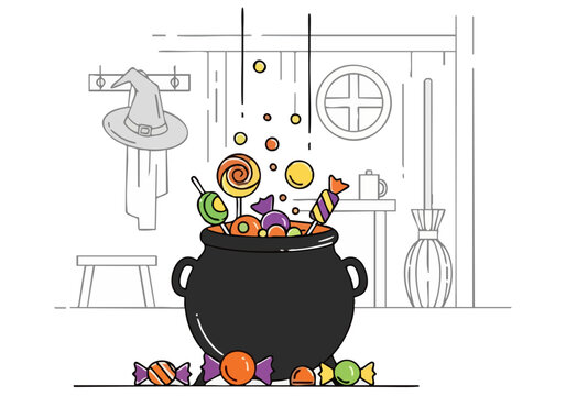 A whimsical illustration depicts a bubbling cauldron overflowing with colorful candy, set against a spooky, stylized room backdrop. ?Brew The Bliss? text adds a playful touch.