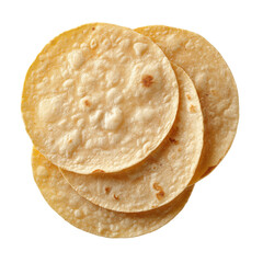 A close up shot of three yellow tortillas stacked on top of each other on a black background plane
