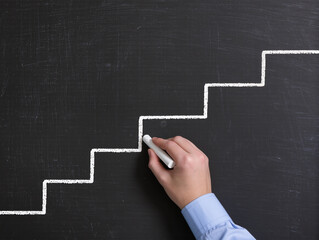 Fototapeta premium Steps to succeed in business, Businessman drawing steps on chalkboard