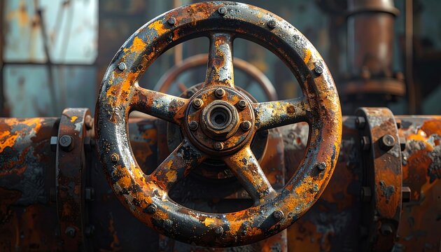Rusty industrial valve wheel closeup shows corroded metal machinery in an abandoned factory setting, highlighting industrial decay and mechanical textures.