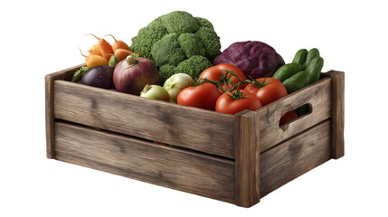A rustic wooden crate filled with a variety of fresh produce on a black background studio setting
