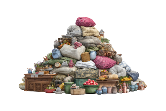 Massive heap of bags, crates, and misc. items piled high