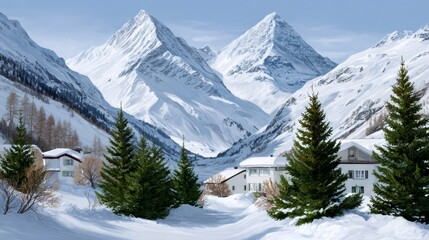 Alpine village nestled in snowy mountain landscape