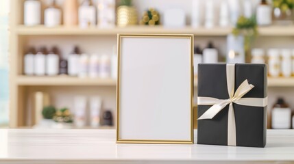 Elegant pharmacy black friday sale mockup featuring gift box and blank frame for promotional use. Template for pharmacy, drugstore, cosmetics store. Horizontal banner. Copy space