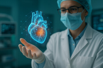 AI generated a doctor holding a glowing 3D holographic human heart symbolizing advanced medical technology precision and the future of digital healthcare innovation