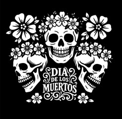 Skull motifs, floral patterns and decorative edges monochrome. Traditional fiesta banners for Dia de los Muertos. Hand drawn. Not AI, vector illustration.