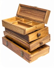 Stack of vintage wooden drawers with compartments and latches.