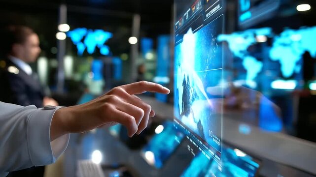 Close-up of tactical command planning on transparent digital screens, reflections of data grids and blue ambient lighting filling the command center, with copy space.