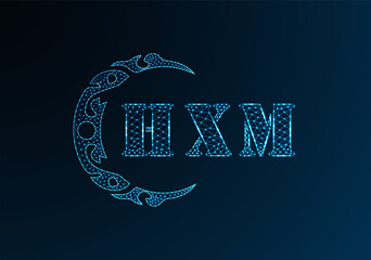 Low poly letter logo HXM design. HXM letter logo low poly vector design on blue color gradient background. HXM logo low poly design