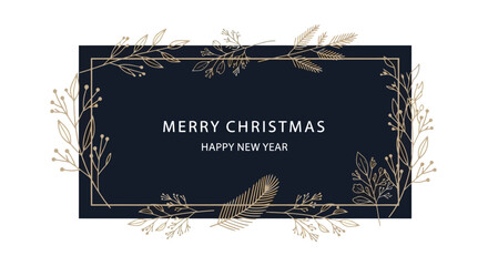 Elegant Christmas and New Year Greeting Card with Botanical Elements and Text on Dark Blue Background