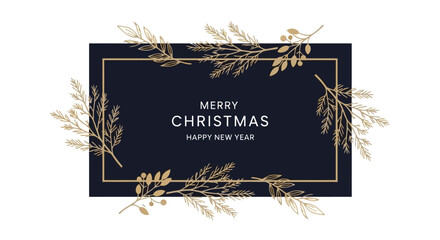 Elegant Merry Christmas and Happy New Year Card with Botanical Design in Gold and Navy Blue