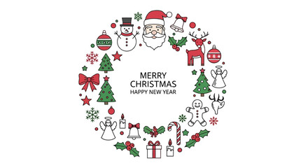 Christmas wreath illustration Festive holiday design with Santa Claus, snowman, and reindeer