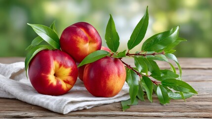 Fresh ripe nectarines with green leaves on wood table