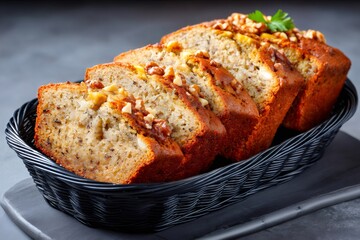 Sliced banana bread with walnuts in black basket
