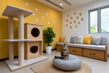 Tabby domestic cat resting in cozy pet friendly interior