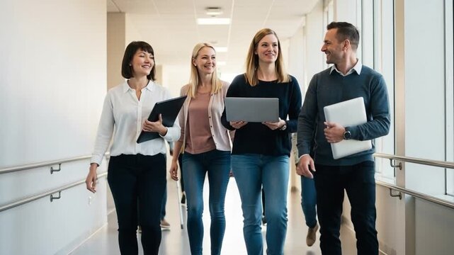 Smiling group of diverse professional business people walking and talking through bright modern office, collaborating on future projects