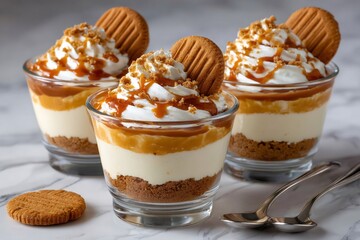 Layered caramel cheesecake desserts with whipped cream