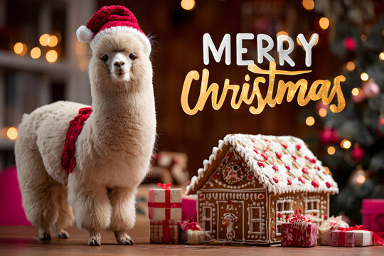 Lama mit Weihnachtsm&uuml;tze neben Lebkuchenhaus und Merry Christmas Schriftzug
