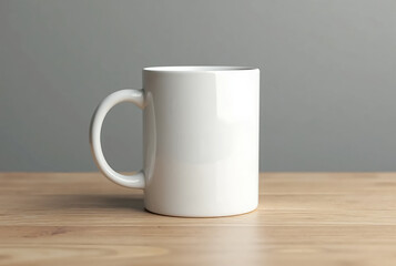 Obraz premium White ceramic mug resting on a wooden table with a minimalist backdrop in a cozy setting for coffee enthusiasts