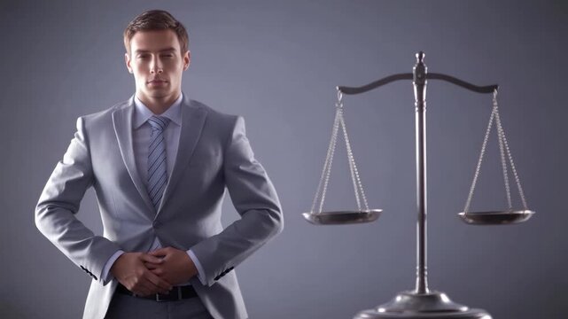 Businessman standing in front of scales of justice