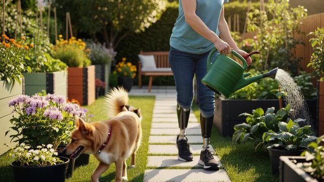 Joyful amputee woman with prosthetic leg watering plant in lush backyard garden, enjoys peaceful gardening lifestyle with pet dog and cat