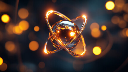 Floating metallic atom with radiant orbital paths glowing in motion symbolizing energy structure technology and the invisible forces shaping matter in a hyperrealistic scientific visualization