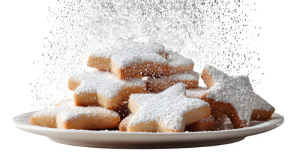 Star-shaped sugar cookies with powdered sugar, isolated on transparent background