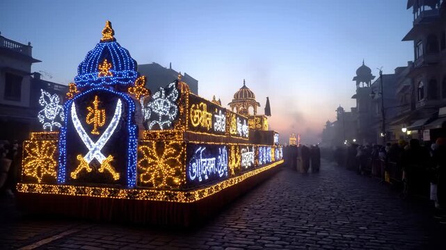 Guru Gobind Singh Jayanti 2025 Illuminated Float in Prabhat Pheri Procession, Displaying Sikh Symbols and Scriptures at Dawn for Celebration