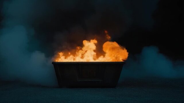 Fiery dumpster at night