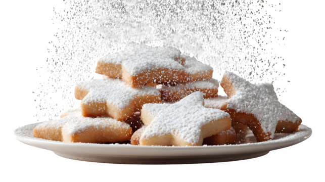 Star-shaped sugar cookies with powdered sugar, isolated on transparent background