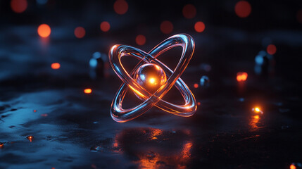 Floating metallic atom with radiant orbital paths glowing in motion symbolizing energy structure technology and the invisible forces shaping matter in a hyperrealistic scientific visualization