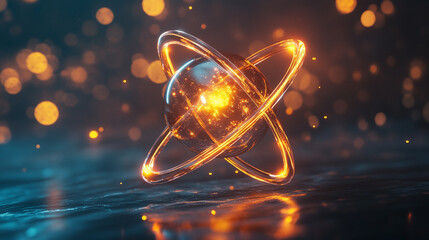 Floating metallic atom with radiant orbital paths glowing in motion symbolizing energy structure technology and the invisible forces shaping matter in a hyperrealistic scientific visualization