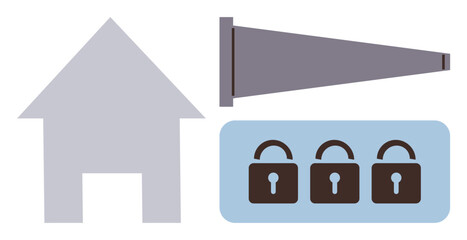 House icon, surveillance camera, and three padlocks represent safety, monitoring, and protection. Ideal for security systems, privacy, safety, surveillance home safety cyber defense and data