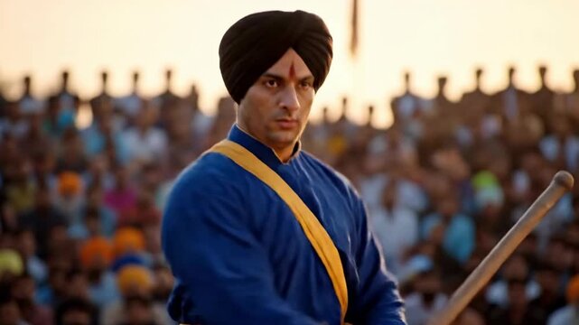 Sikh Warrior Displaying Martial Arts Skills during Guru Gobind Singh Jayanti Celebrations with Devotees and Traditional Attire